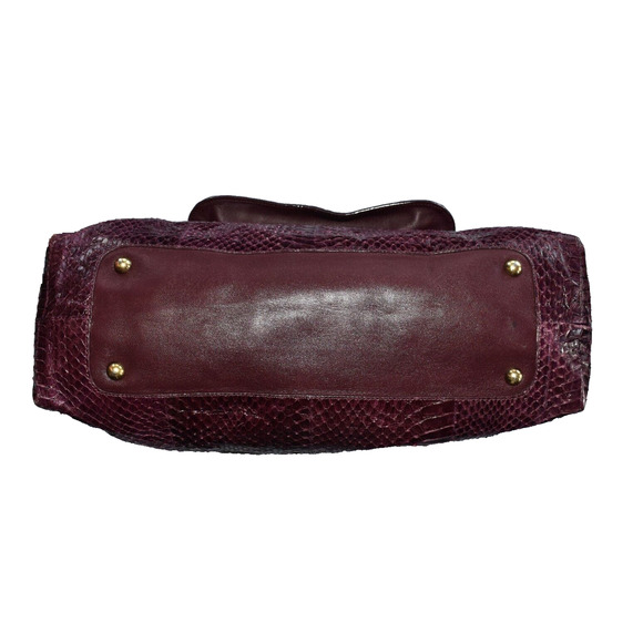 Auth NINA RICCI Drk Raspberry Python Texture Leather Fold Over Liane Satchel Bag - Picture 5 of 12